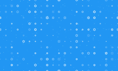 Naklejka na ściany i meble Seamless background pattern of evenly spaced white star of David symbols of different sizes and opacity. Vector illustration on blue background with stars