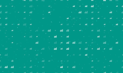 Seamless background pattern of evenly spaced white chart line symbols of different sizes and opacity. Vector illustration on teal background with stars