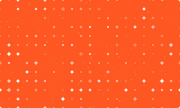 Seamless background pattern of evenly spaced white star symbols of different sizes and opacity. Vector illustration on deep orange background with stars