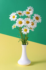 Bouquet of beautiful white daisies in a vase on creative yellow-green background. Festive card. Vertical format