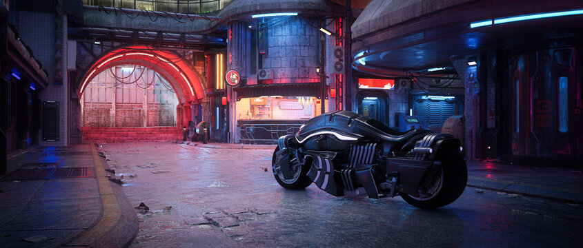 Cyberpunk motorcycle in a seedy downtown street of a fantasy dystopian future city. Cinematic 3D rendering.