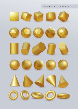 Big set of 3d gold geometry. Vector realistic render square, ball, pyramid, polyhedron, cylinder, circle yellow metallic objects, minimalist simple different angles shapes, standard primitives.