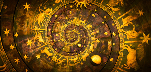 Fototapeta na wymiar Zodiac Signs Horoscope background. Concept for fantasy and mystery