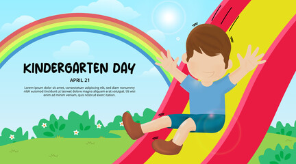 Kindergarten day background with a child playing slide on the playground