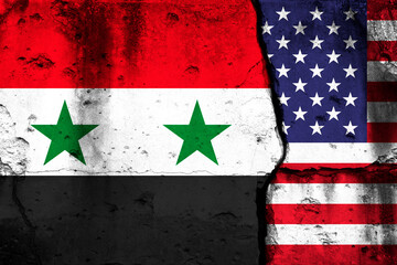 United States and Syria crisis. Background with national flags on cracked wall photo