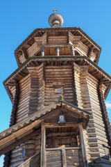17th century wooden Church of the Transfiguration and Bell Tower at Kizhi Pogost historical site on Kizhi Island, Lake Onega, Karelia Russia, a UNESCO World Heritage Site