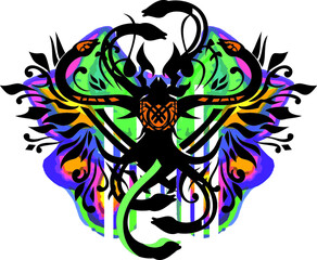 Multicolor butterfly wings with snake elements on a white backdrop. Bright tribal butterfly wings with floral motifs and black winding snakes for textiles, prints, shields emblems, fashion trends