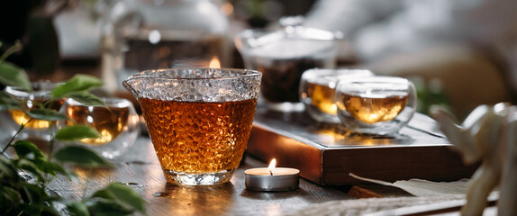 Beautiful chinese tea in teacup with candle flame decoration