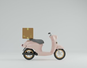 Online express delivery scooter motorcycle carrying courier cardboard parcel box for fast service 3D rendering illustration