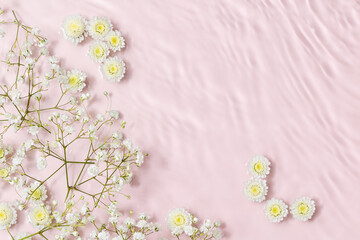 Water background. Pink aqua texture, surface of ripples, transparent, flower, shadows and sunlight. Spa and cosmetic concept background. Flat lay, top view, copy space, banner
