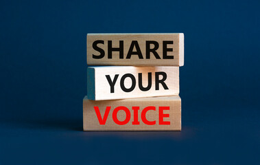 Share your voice symbol. Concept words Share your voice on wooden blocks. Beautiful grey background. Business share your voice concept. Copy space.