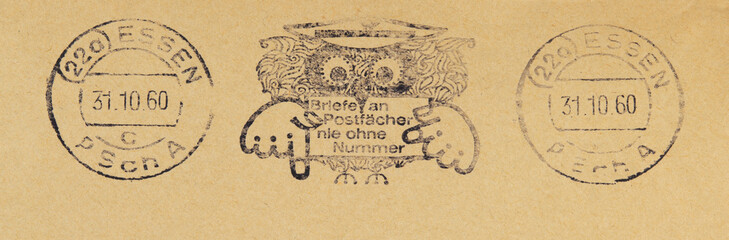 post letter mail brief stempel cancellation papier paper vintage retro old eule owl essen 1960 briefe an postfächer nie ohne nummer postbox braun