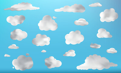 Set of cartoon cloud vector on a blue background. Cloudy sky