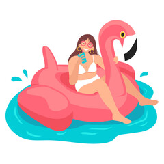 Tan girl with sunglasses sits on flamingo inflatable float and drinks cocktail. Summer vacation concept. Vector illustration on a white background.