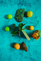 Still Life yellow and green lemons composition in a stone background