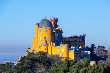 The Pena Palace, national monument in a clear day with blue sky, Portugal, Europe