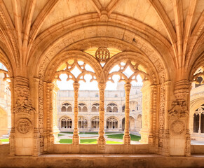 Manueline ornamentation in the cloisters of Jerónimos Monaster in Belem, Lisbon, Portugal