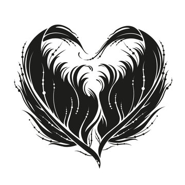 Stylized black heart shape made by bird feather silhouette. Ornate vector illustration for tatoo, emblem, icon, greeting card, love concept