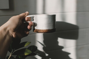 Modern cup in female hand in sunlight. Morning coffee aesthetics