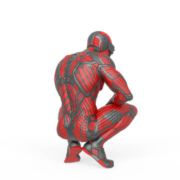 super hero in an exosuit is crouching rear view