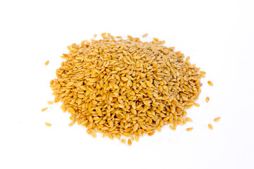 Top view of healthy flax seeds, Linum usitatissimum,. Source of omegas and vitamins White background.
