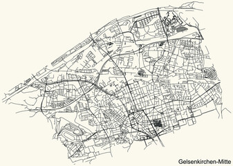 Detailed navigation black lines urban street roads map of the GELSENKIRCHEN-MITTE DISTRICT of the German regional capital city of Gelsenkirchen, Germany on vintage beige background