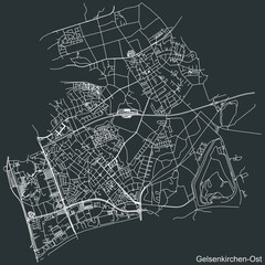 Detailed negative navigation white lines urban street roads map of the GELSENKIRCHEN-OST DISTRICT of the German regional capital city of Gelsenkirchen, Germany on dark gray background