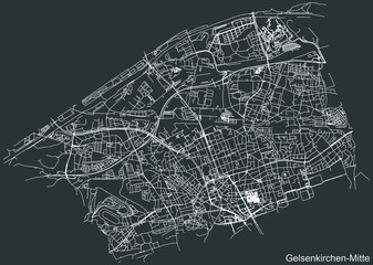 Detailed negative navigation white lines urban street roads map of the GELSENKIRCHEN-MITTE DISTRICT of the German regional capital city of Gelsenkirchen, Germany on dark gray background