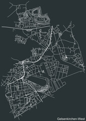 Detailed negative navigation white lines urban street roads map of the GELSENKIRCHEN-WEST DISTRICT of the German regional capital city of Gelsenkirchen, Germany on dark gray background