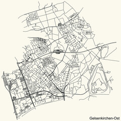 Detailed navigation black lines urban street roads map of the GELSENKIRCHEN-OST DISTRICT of the German regional capital city of Gelsenkirchen, Germany on vintage beige background