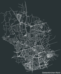 Detailed negative navigation white lines urban street roads map of the GELSENKIRCHEN-NORD DISTRICT of the German regional capital city of Gelsenkirchen, Germany on dark gray background