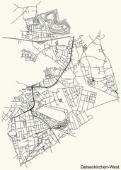 Detailed navigation black lines urban street roads map of the GELSENKIRCHEN-WEST DISTRICT of the German regional capital city of Gelsenkirchen, Germany on vintage beige background