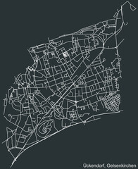 Detailed negative navigation white lines urban street roads map of the ÜCKENDORF DISTRICT of the German regional capital city of Gelsenkirchen, Germany on dark gray background