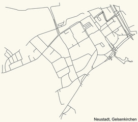 Detailed navigation black lines urban street roads map of the NEUSTADT DISTRICT of the German regional capital city of Gelsenkirchen, Germany on vintage beige background