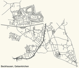 Detailed navigation black lines urban street roads map of the BECKHAUSEN DISTRICT of the German regional capital city of Gelsenkirchen, Germany on vintage beige background
