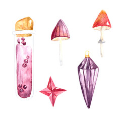 Watercolor illustration with a flask with a potion, amulet, mushrooms, witchcraft, Halloween. Mystical illustration for postcards, posters, fabrics, decor holidays