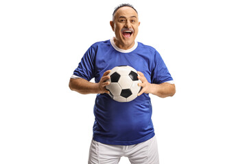 Cheerful mature man in a football jersey holding a ball