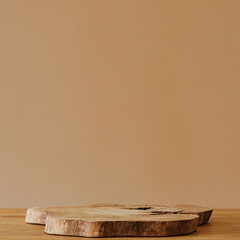 Wooden slice on wooden table and copy space