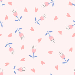 Flowers, heart and leaf seamless pattern. Scandinavian style background. Vector illustration for fabric design, gift paper, baby clothes, textiles, cards.