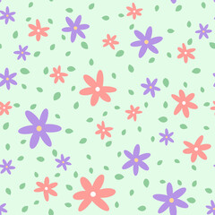 Flowers and leaf seamless pattern. Scandinavian style background. Vector illustration for fabric design, gift paper, baby clothes, textiles, cards.