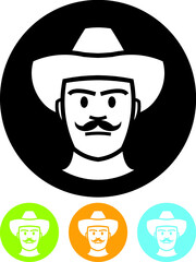 Man face with moustache. Macho with mustache in cowboy hat vector icon