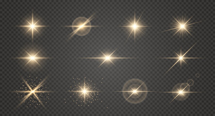 Realistic burst of light collection. Star light glow, shiny vector glare and twinkle. Yellow Star shine effects, flash lights, glare and flare