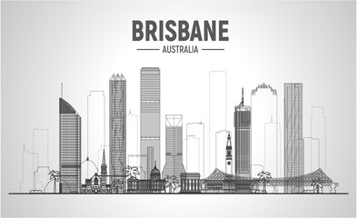 Brisbane Australia line skyline on white background. Vector Illustration. Business travel and tourism concept with modern buildings. Image for banner or website - obrazy, fototapety, plakaty