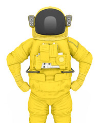 astronaut explorer is doing a super hero pose on white background front close up  view