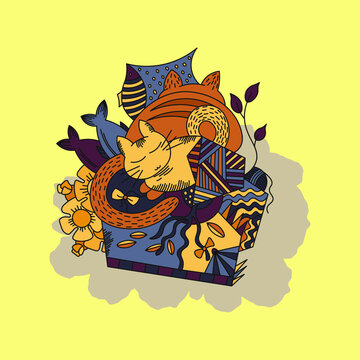 vector illustration with cats, flowers, dreams. nice stylized picture