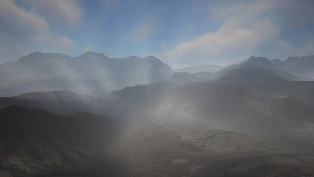 Stone field in dense fog in highlands