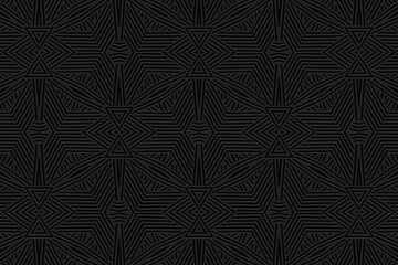 Vintage embossed black background, cover design. Geometric abstract 3D pattern, ethnic texture. Creativity of the peoples of the East, Asia, India, Mexico, Aztecs, Peru in handmade style. - obrazy, fototapety, plakaty