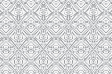 Vintage embossed white background, cover design. Geometric decorative 3D pattern, ethnic texture. Creativity of the peoples of the East, Asia, India, Mexico, Aztecs, Peru in handmade style.