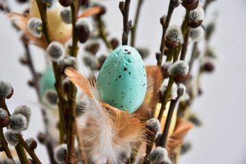 Wielkanoc, kartka świąteczna, pisanki, bazie, jaja, dekoracje wielkanocne. Easter, catkins,...