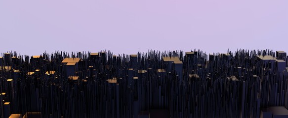 Computing and loading digital gradient data. Abstract blocks and line jumps 3d render of information in cyber space. Wavy changes in engineering and futuristic metropolis with skyscrapers of future